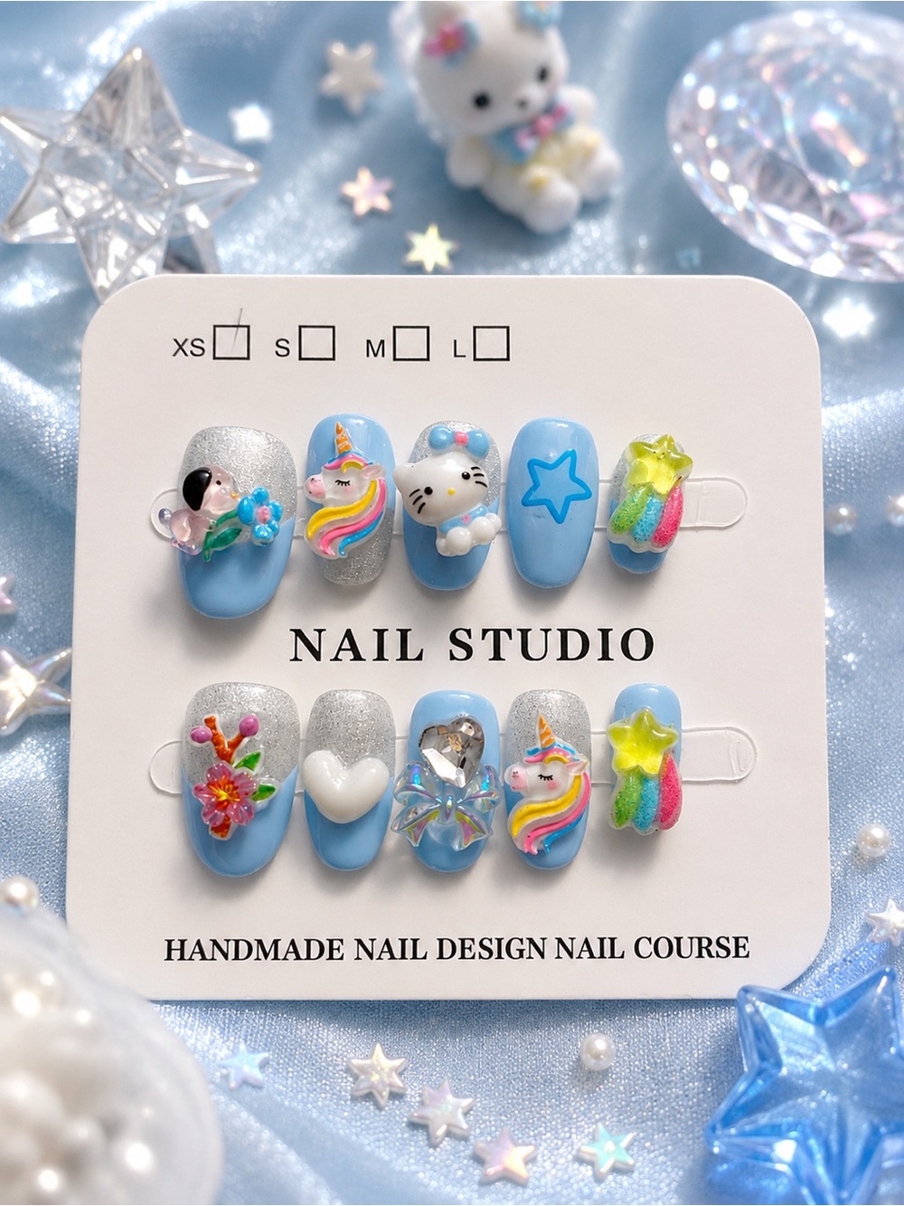 Handmade Blue Unicorn & Hello Kitty 3D Press-On Nails